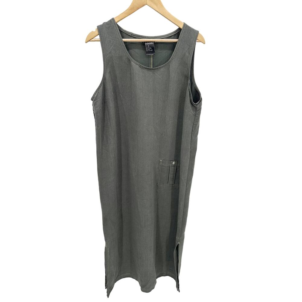 Pellini Womens XLโ Gray Sleeveless Shift Midi Dress Cargo Pocket Side Slit Rayon